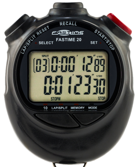The Fastime 20 Stopwatch by Fastime is a black digital timer with a large display showing split time 0:00:12.89 and final time 0:01:23.00. It features lap memory and buttons for lap, split/reset, recall, start, stop, and countdown timer.