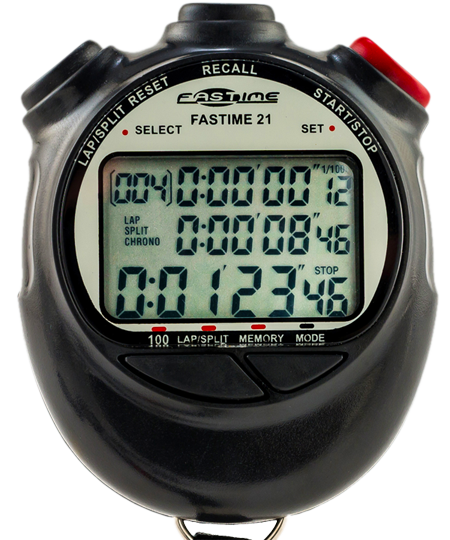 A close-up of the Fastime 21 Stopwatch by Fastime, a black digital timer with triple display, showing times like 8.46 and 12.34 seconds, plus multiple buttons and lap memory features around the edges.