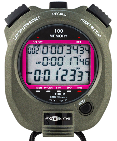 The Fastime 7 Stopwatch by Fastime features a large digital display showing split, lap, and total times in hours, minutes, and seconds. Lap timer and reset/start-stop buttons are on top, with the Fastime logo at the bottom.