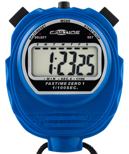 The blue Fastime 01 Stopwatch by Fastime displays 1 hour, 23 minutes, and 25 seconds. It features black buttons for Split/Reset, Mode, and Start/Stop—perfect for cumulative split time or single event timing.