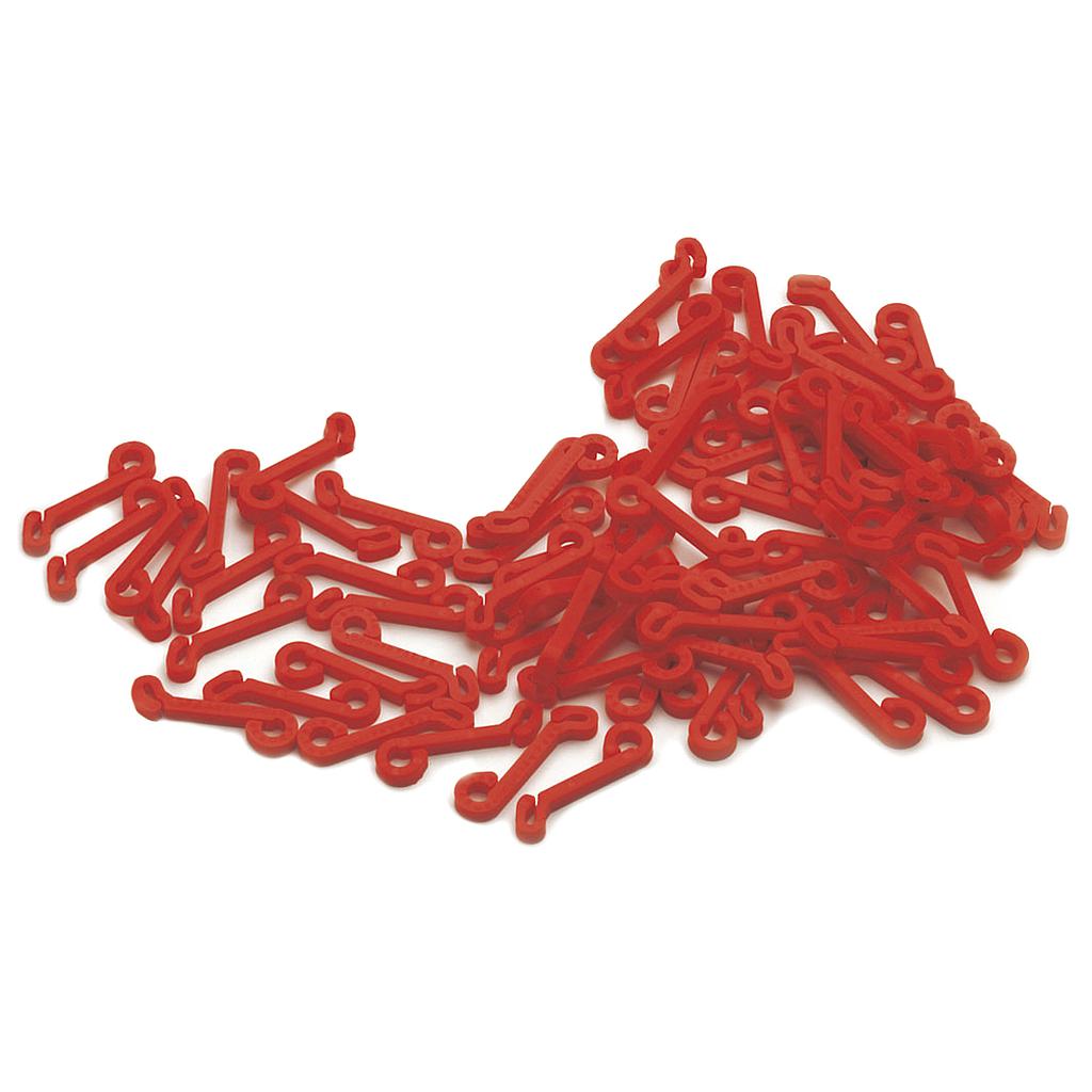 A pack of 80 Precision Fastclips by Precision Training—red plastic clips, shaped like short sticks with loops at each end, scattered on a white surface; perfect for securing goal nets.