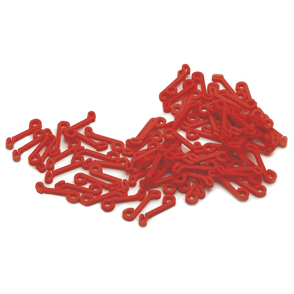 A pack of 80 Precision Fastclips by Precision Training—red plastic clips, shaped like short sticks with loops at each end, scattered on a white surface; perfect for securing goal nets.