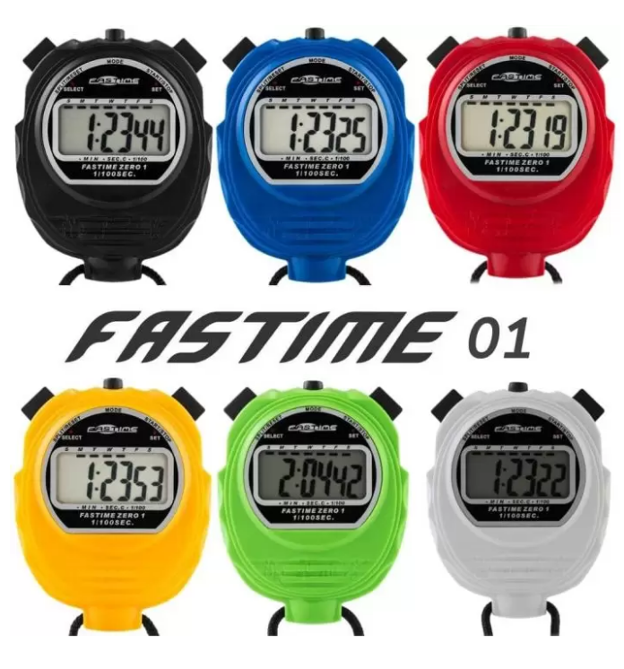 The Fastime 01 Stopwatch by Fastime is available in black, red, yellow, green, blue, and white. Each displays different times—perfect for single event or split timing. "FASTIME 01" is boldly printed under the top row of stopwatches.