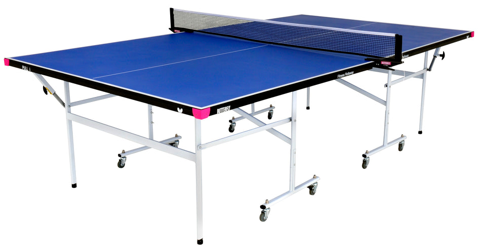 The Butterfly Fitness Indoor Table Tennis Table by Butterfly features a blue surface, black net, white legs, and wheels for easy movement—perfectly set up and ready for play in any game room.