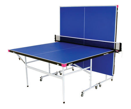 The Butterfly Fitness Indoor Table Tennis Table by Butterfly features a blue surface, white frame, wheels, and a center net. Shown in playback position with one side folded upright, it’s ideal for indoor play.