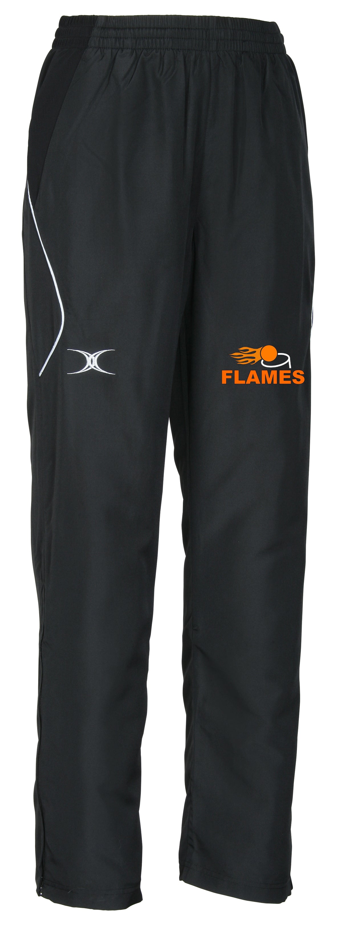 The Flames Netball Club Gilbert Blaze Track Trouser by Gilbert features black fabric, white detailing, an embroidered white logo on the left thigh, and an orange FLAMES logo with flame graphic—ideal for club fans or athletic wear.