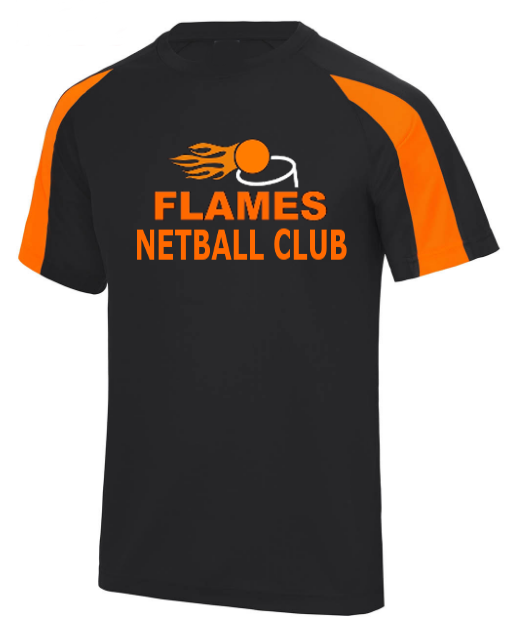 The Flames Netball Club TShirt by Martin Berrill Sports is a black and orange polyester sports shirt with a flaming netball graphic, orange shoulder and sleeve panels, and UPF 30+ UV protection.