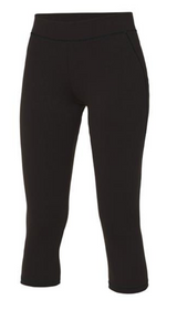 The Flames Netball Club Girlie Capris Leggings by Martin Berrill Sports are black, high-waisted, slim-fit leggings with side pockets, made from CoolFit performance fabric and shown against a plain white background.