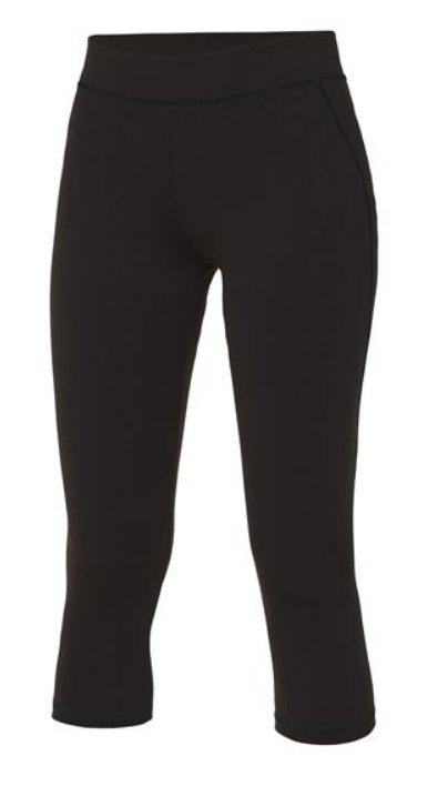 The Flames Netball Club Girlie Capris Leggings by Martin Berrill Sports are black, high-waisted, slim-fit leggings with side pockets, made from CoolFit performance fabric and shown against a plain white background.
