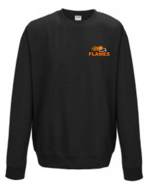 The Flames Netball Club Sweatshirt by Martin Berrill Sports is a black cotton top featuring a small orange FLAMES logo and a flaming ball graphic on the left chest—ideal for club supporters.