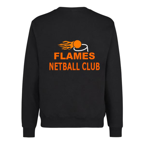 The Martin Berrill Sports Flames Netball Club Sweatshirt features a black cotton design with an orange flaming netball and hoop graphic above bold FLAMES NETBALL CLUB text on the back—perfect for netball fans.
