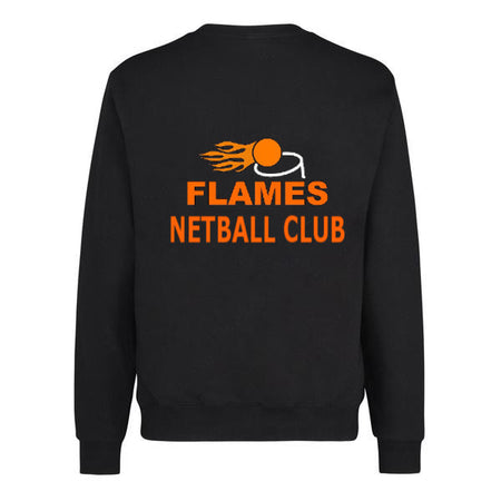 The Martin Berrill Sports Flames Netball Club Sweatshirt features a black cotton design with an orange flaming netball and hoop graphic above bold FLAMES NETBALL CLUB text on the back—perfect for netball fans.