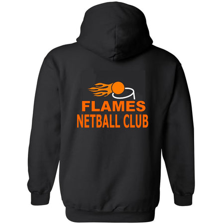 The Flames Netball Club Hoodie by Martin Berrill Sports is a black hoodie with a bold orange flaming netball and "FLAMES NETBALL CLUB" on the back—ideal for displaying your team spirit in style.