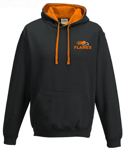 The Flames Netball Club Hoodie by Martin Berrill Sports features an orange hood lining and drawstrings, a front pocket, and an orange FLAMES logo with a flaming ball graphic on the left chest.