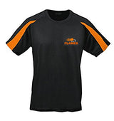 The Martin Berrill Sports Flames Netball Club TShirt is a black polyester short-sleeve sports tee with bright orange stripes, an orange ball-with-flames logo on the chest, and UPF 30+ UV protection for active comfort.