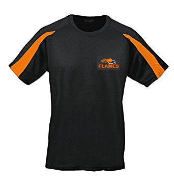 The Martin Berrill Sports Flames Netball Club TShirt is a black polyester short-sleeve sports tee with bright orange stripes, an orange ball-with-flames logo on the chest, and UPF 30+ UV protection for active comfort.