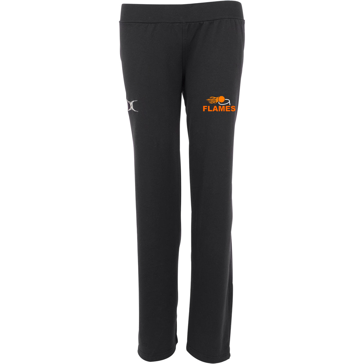 The Flames Netball Club Gilbert Womens Vixen Pant by Gilbert features a small silver logo on the right hip, an orange FLAMES Netball Club logo with flame graphic on the left, a straight-leg fit, and an elastic waistband for comfort.