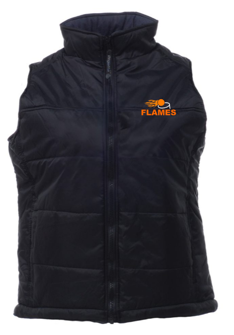 The Martin Berrill Sports Flames Netball Club Gilet is a black zip-up puffer vest with a high collar and Thermo-Guard insulation, featuring a flaming ball and FLAMES embroidered in orange on the left chest.
