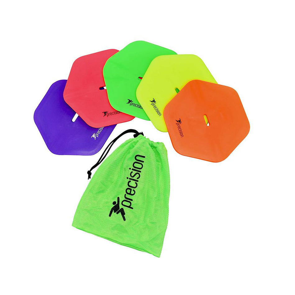 The Precision Training Pro HX Flat Markers set includes 10 colorful hexagonal markers and a bright green mesh drawstring bag—ideal for indoor or outdoor sports drills.