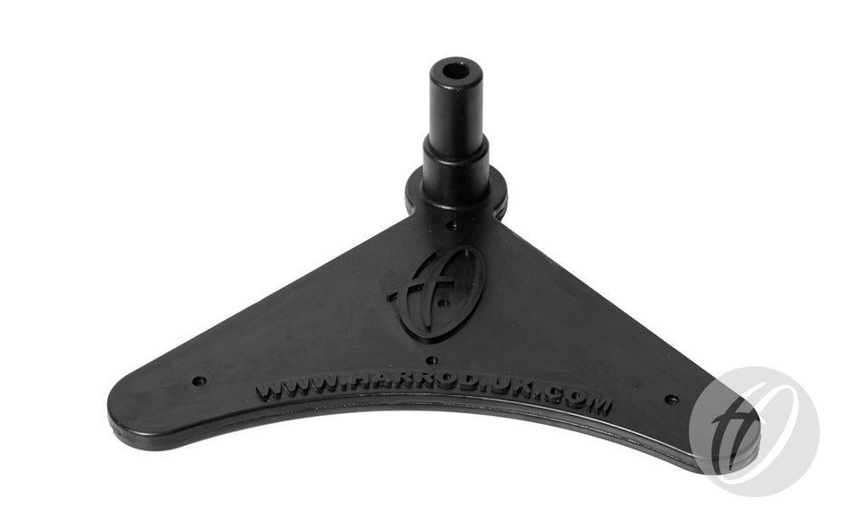 The Harrod Sport Black Flexible Corner Base is a black, triangular plastic part with a central cylindrical attachment, engraved with the h logo and www.harnodum.com, designed for Flexi Pole compatibility.