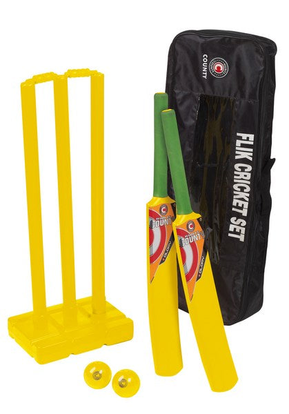 The Hunts County Flik Cricket Set (Yellow) includes two plastic bats, three stumps on a base, two balls, and a black Flick-branded bag—ideal for fun junior cricket games in the garden.