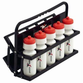 The Precision Training Folding Water Bottle Carrier by Precision Training holds six white sports bottles with red caps and logoed text. Made of heavy-duty plastic, it features a handle for easy transport. Color: black.