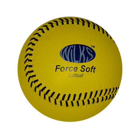 A bright yellow Wilks Force Soft Softball Ball with black stitching, soft PU core, and the Wilks logo printed in blue and black on the leather surface.