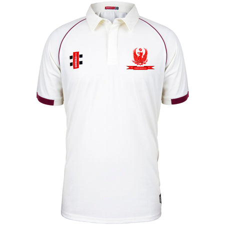 The Forest Exiles CC Matrix V2 Short Sleeve Match Shirt by Martin Berrill Sports features maroon-edged sleeves and collar, a red emblem, and two chest logo patches. This breathable shirt is ideal for intense cricket matches.