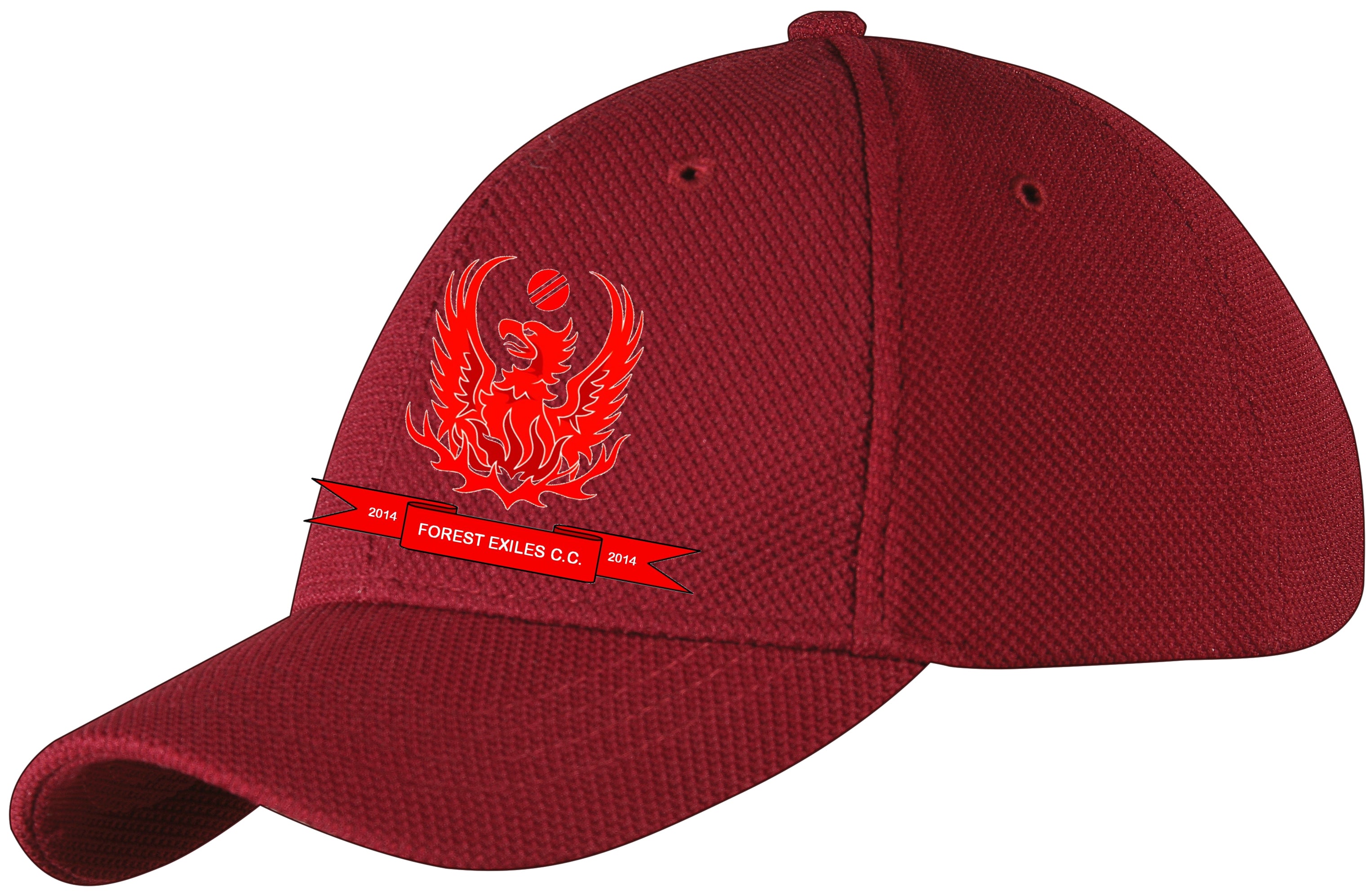 The Forest Exiles CC Maroon Cricket Cap by Gray Nicolls features the club logo—a red phoenix with a cricket ball—and a banner reading “2014 FOREST EXILES C.C. 2014.”.