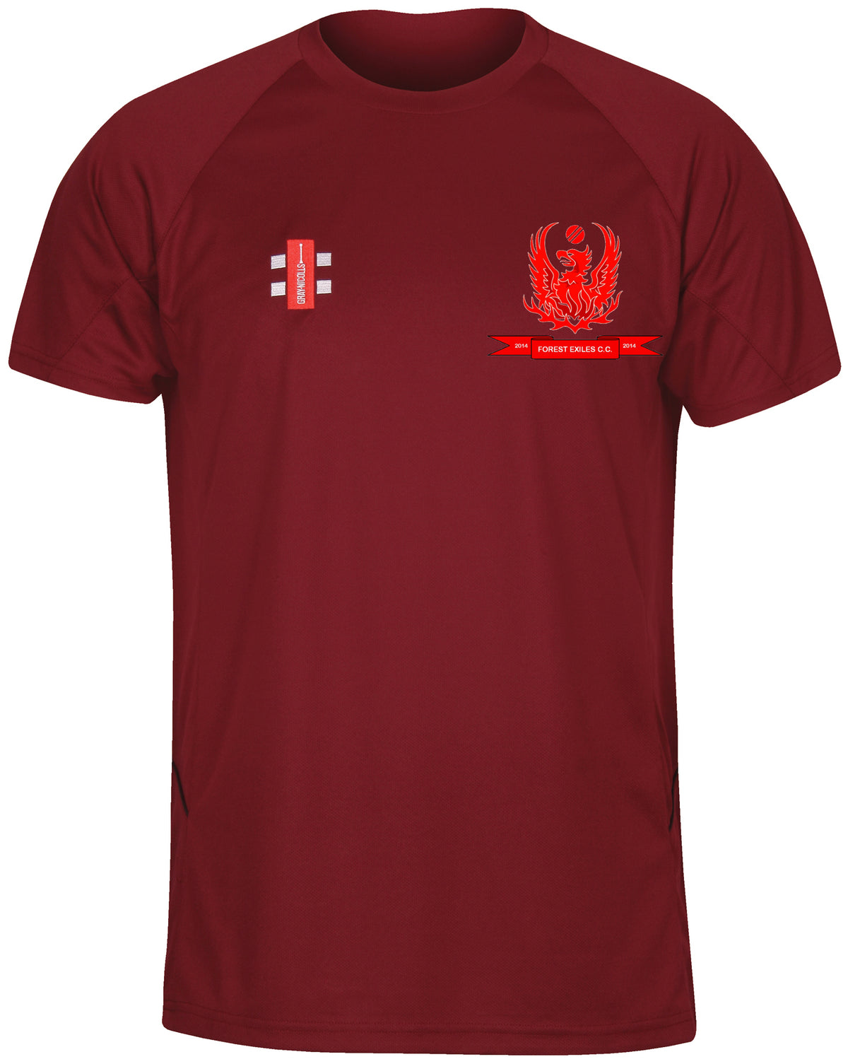 The Gray Nicolls Forest Exiles CC Matrix V2 T Shirt is a maroon short-sleeve training tee with a red eagle-and-ribbon emblem on the left chest, a small logo on the right, and moisture-wicking fabric for active workouts.