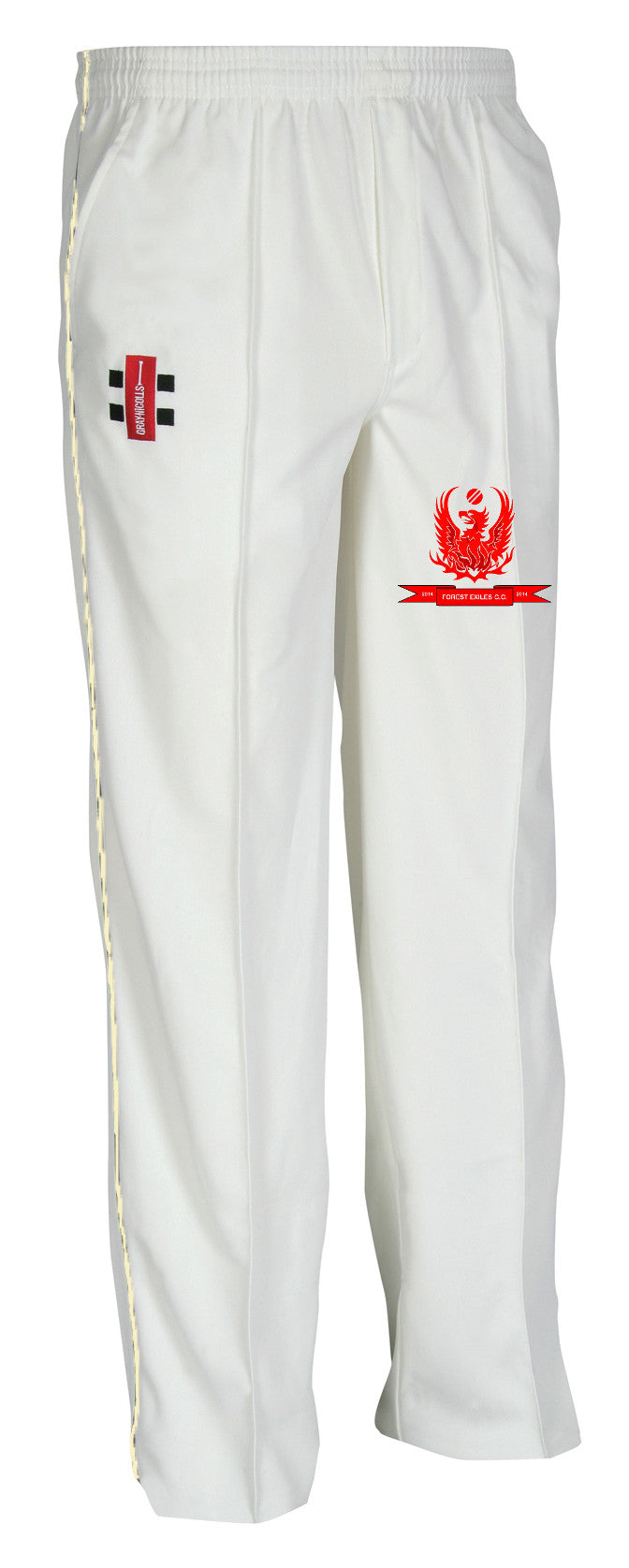 The Gray Nicolls Forest Exiles CC Matrix V2 Cricket Trouser is white with an elastic waistband, red and black logos on both thighs, a subtle yellow stripe on the left seam, and moisture control for all-day comfort.