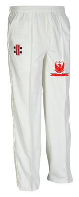 The Gray Nicolls Forest Exiles CC Matrix V2 Cricket Trouser is white with an elastic waistband, red and black logos on both thighs, a subtle yellow stripe on the left seam, and moisture control for all-day comfort.