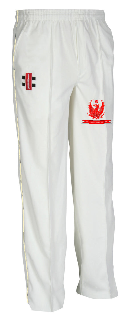 The Gray Nicolls Forest Exiles CC Matrix V2 Cricket Trouser is white with an elastic waistband, red and black logos on both thighs, a subtle yellow stripe on the left seam, and moisture control for all-day comfort.