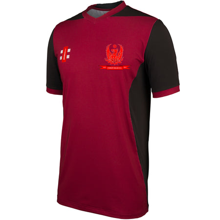 The Gray Nicolls Forest Exiles CC T20 Shirt is maroon and black with a red/orange chest crest, white/red stripes on the right, and black panels. Designed for moisture control—ideal as a cricket match shirt.