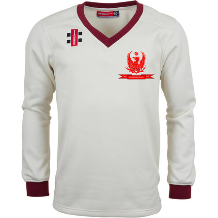 The Gray Nicolls Forest Exiles CC Pro Performance Sweater is a cream, long-sleeved lightweight polyester top with maroon cuffs and collar, a red team logo and crest on the left chest, and black-and-white embroidered patches on the right.