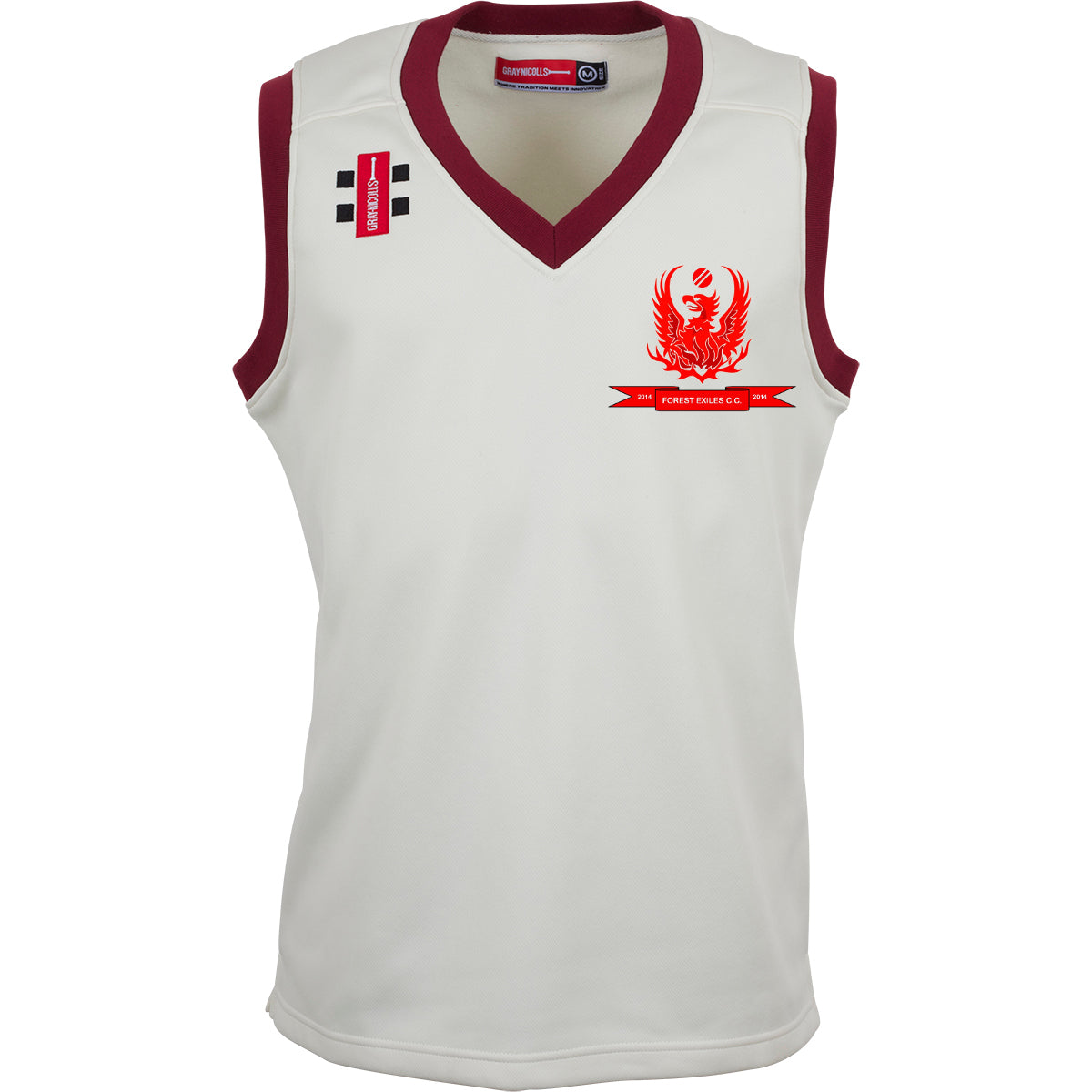 The Gray Nicolls Forest Exiles CC Pro Performance Slipover is a white sleeveless cricket jersey made from lightweight fabric, with maroon neck and arm trims, red eagle crest, Forest Exiles C.C. text, and two shoulder logos.
