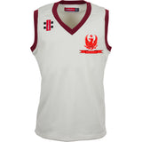 The Gray Nicolls Forest Exiles CC Pro Performance Slipover is a white sleeveless cricket jersey made from lightweight fabric, with maroon neck and arm trims, red eagle crest, Forest Exiles C.C. text, and two shoulder logos.