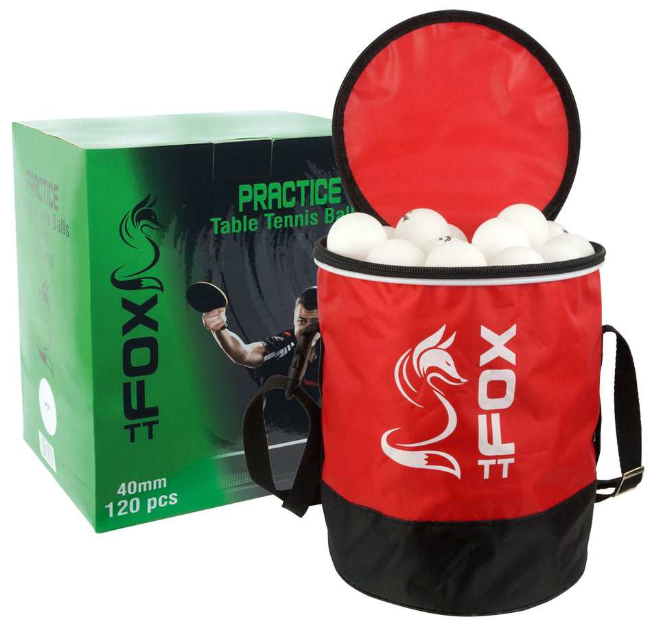 A FoxTT Practice Table Tennis Balls & Bag (Pack of 120) box stands beside a red and black container with white balls, featuring a fox logo and an image of a player holding a paddle.