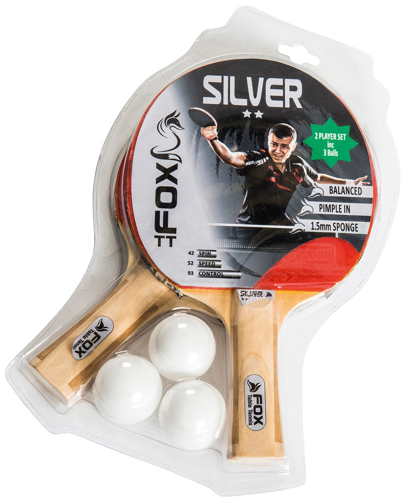 The FoxTT Silver 2 Player Table Tennis Set includes two wooden-handle bats and three white balls in a clear case, with packaging featuring a player in action.