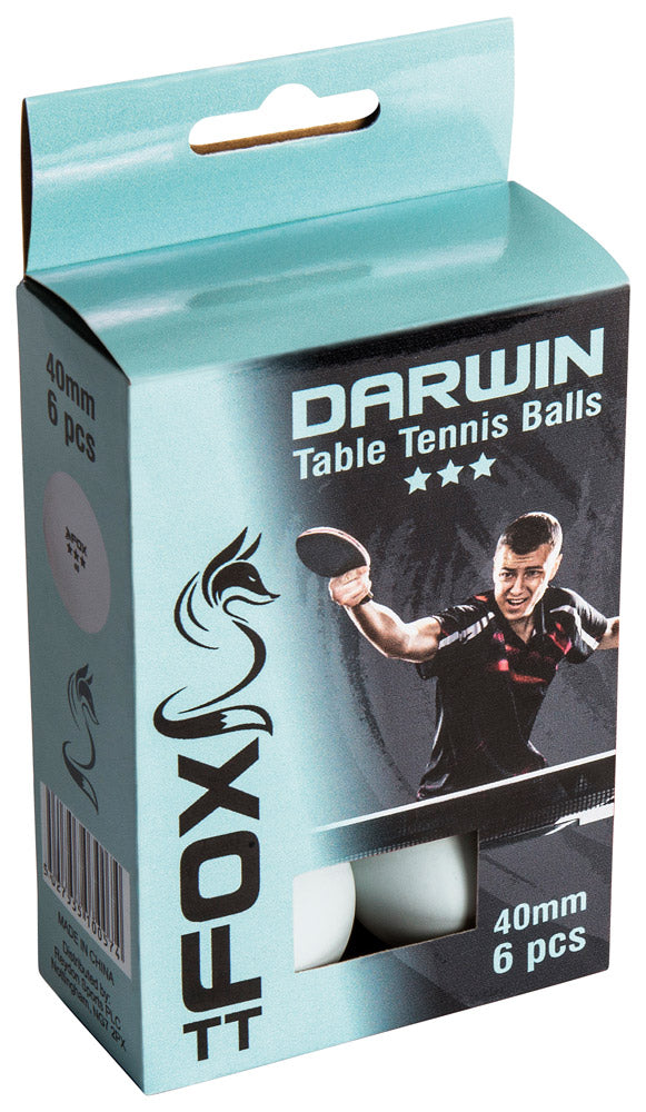 A blue and black FoxTT box labeled "Fox Darwin 3 Star Table Tennis Balls (Pack of 6)" features a man playing, the XOUT logo, "40mm 3 star plastic balls," and a window revealing a white ball inside.