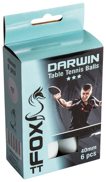 A blue and black FoxTT box labeled "Fox Darwin 3 Star Table Tennis Balls (Pack of 6)" features a man playing, the XOUT logo, "40mm 3 star plastic balls," and a window revealing a white ball inside.