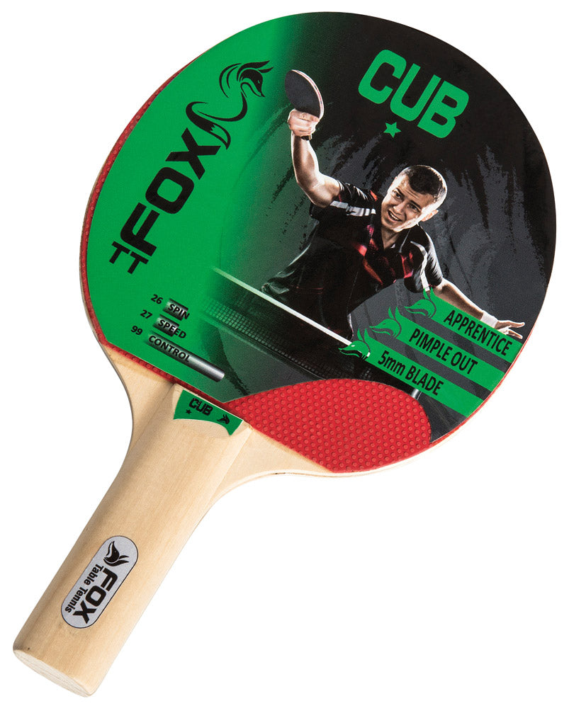 The FoxTT Fox Cub 1 Star Table Tennis Bat features a green and black design with an image of a man playing. "Apprentice," "excellent control," "Pimple Out," and "5mm Blade" are displayed on the rubber surface.