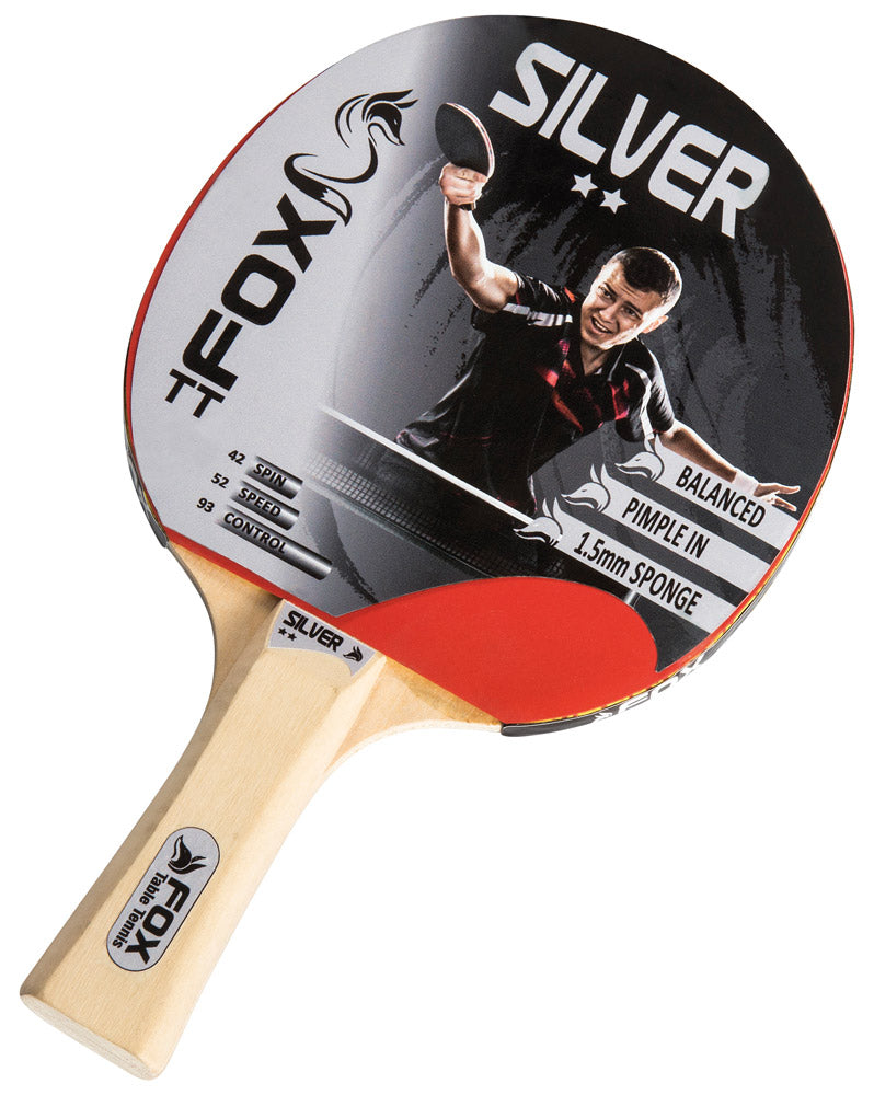 The Fox Silver 2 Star Table Tennis Bat by FoxTT features a flared handle, black-and-red pimple-in rubber, a male player graphic, balanced design text, and a 1.5mm sponge for optimal play.