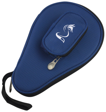 The FoxTT Bat Cover With Pocket is a blue, teardrop-shaped zippered case with a textured pattern, black wrist strap, and separate ball pocket. Both feature a white stylized horse logo and provide padded protection for your table tennis bat.