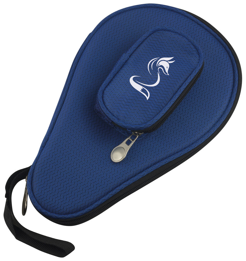 The FoxTT Bat Cover With Pocket is a blue, teardrop-shaped zippered case with a textured pattern, black wrist strap, and separate ball pocket. Both feature a white stylized horse logo and provide padded protection for your table tennis bat.