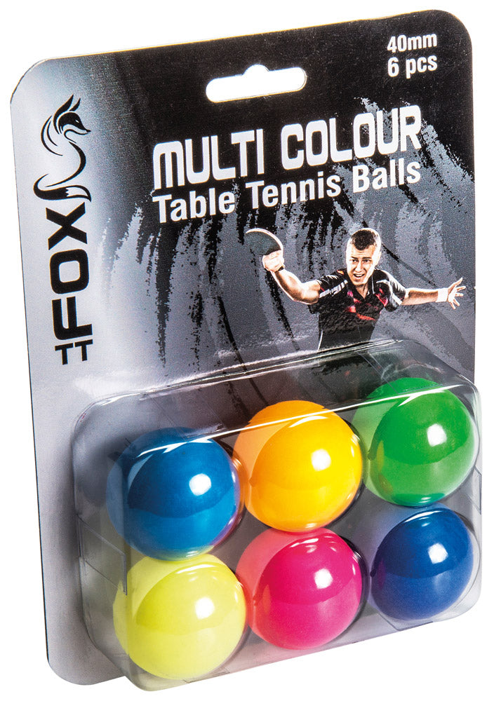 FoxTT Fox Coloured Table Tennis Balls (Pack of 6) features six 40mm coloured balls (blue, yellow, orange, green, pink, light green), ideal for practice. Pack includes an image of a player in the background.
