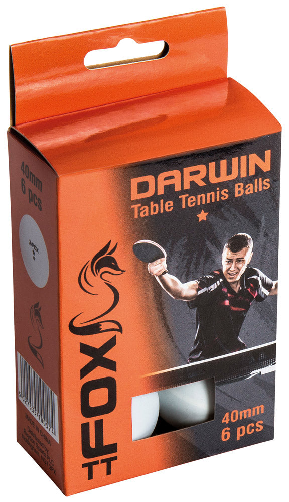 The FoxTT Darwin 1 Star Table Tennis Balls (Pack of 6) come in an orange box featuring a male player, with a side window showing two of the six 40mm white plastic balls inside.