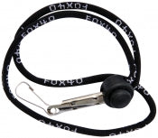 The Fox 40 Wrist Lanyard is a black wrist lanyard with white Fox 40 text, a metal clip, and a round attachment—ideal for securely carrying your referee whistle or ID badge.