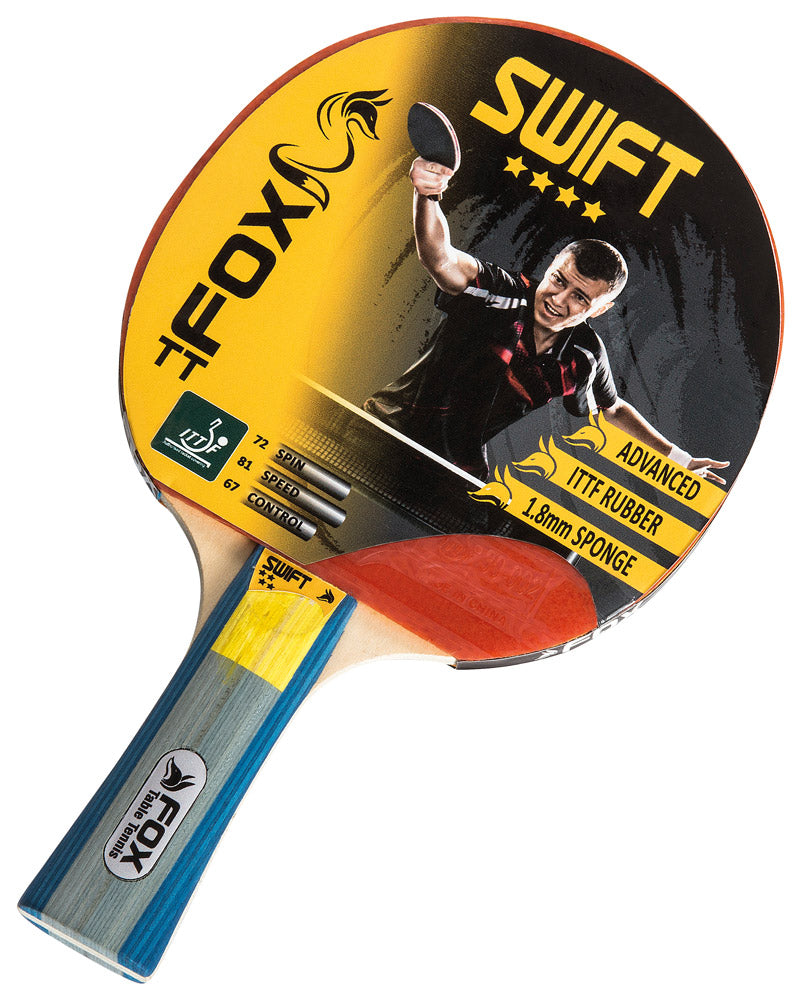 The FoxTT Fox Swift 4 Star Table Tennis Bat is ITTF authorized for advanced club players, featuring Advanced ITTF Rubber 1.8mm Sponge, rated for speed, spin, and control, and comes in a colorful sleeve with a player in action.