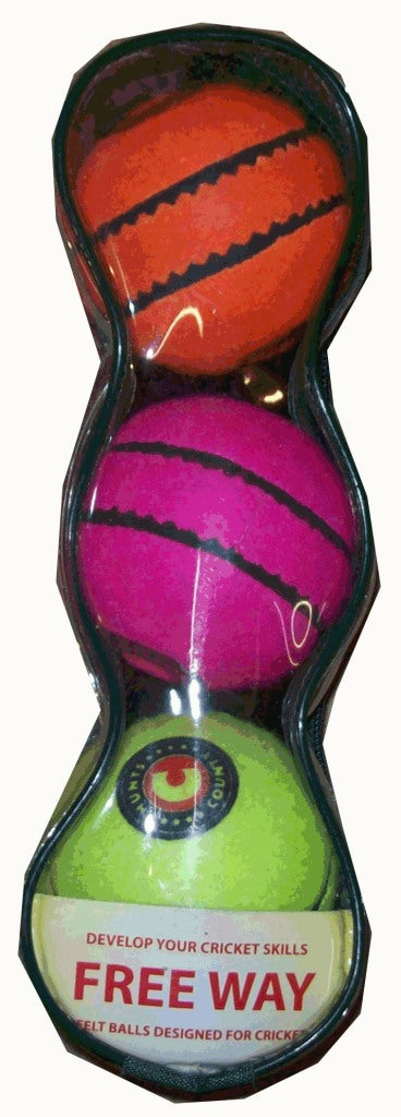 The Hunts County Freeway Ball Set features three coloured tennis balls (orange, pink, green) with seam design, stacked vertically in a clear case labeled "Freeway" and "Develop Your Cricket Skills" by Hunts County.